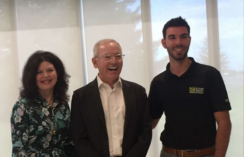 St. Clair College President Patti France, stands with Alumni of Distinction recipient and College benefactor Andrew Faas, along with then President of Thames Student Inc. Zach Rank, in 2018 after the College named the Student Centre in Faas's honour.