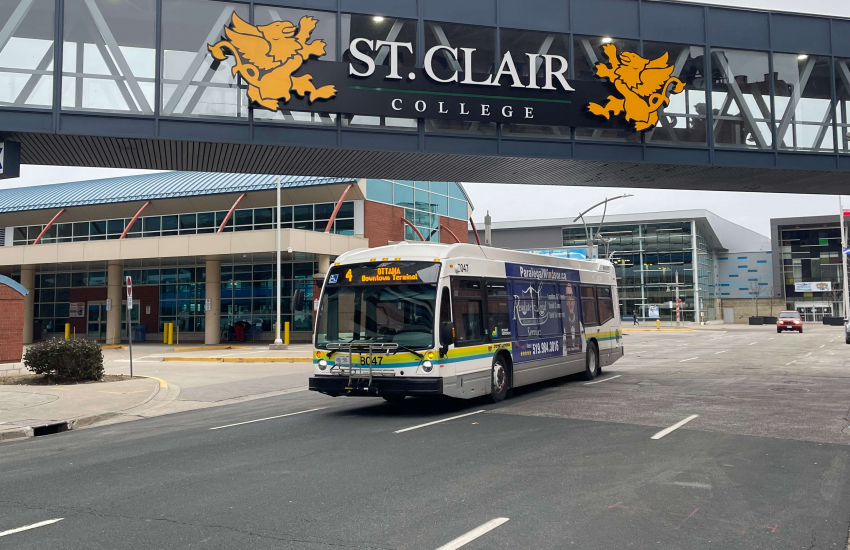 Bus under St. Clair College bridge downtown Windsor